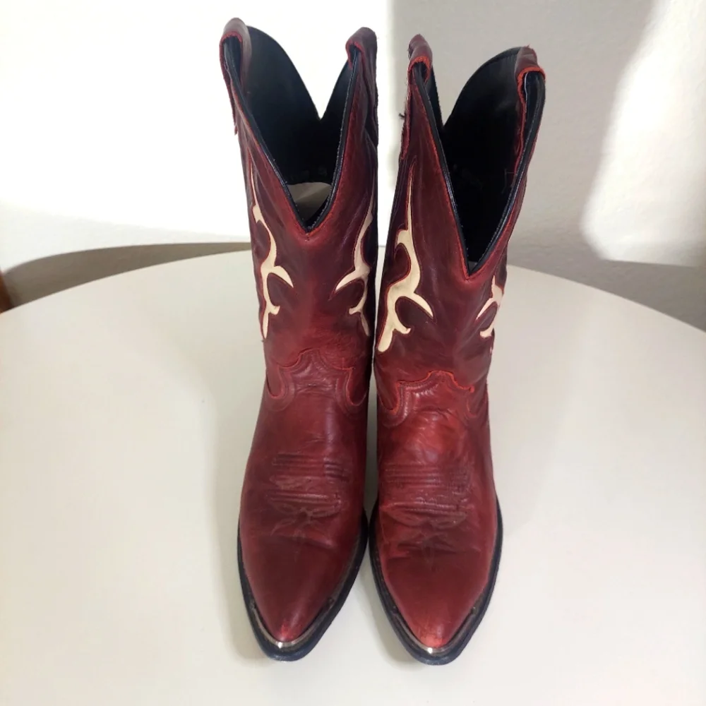 Burgundy & Light Beige Leather Heeled Cowgirl Boots - Picture 4 of 15